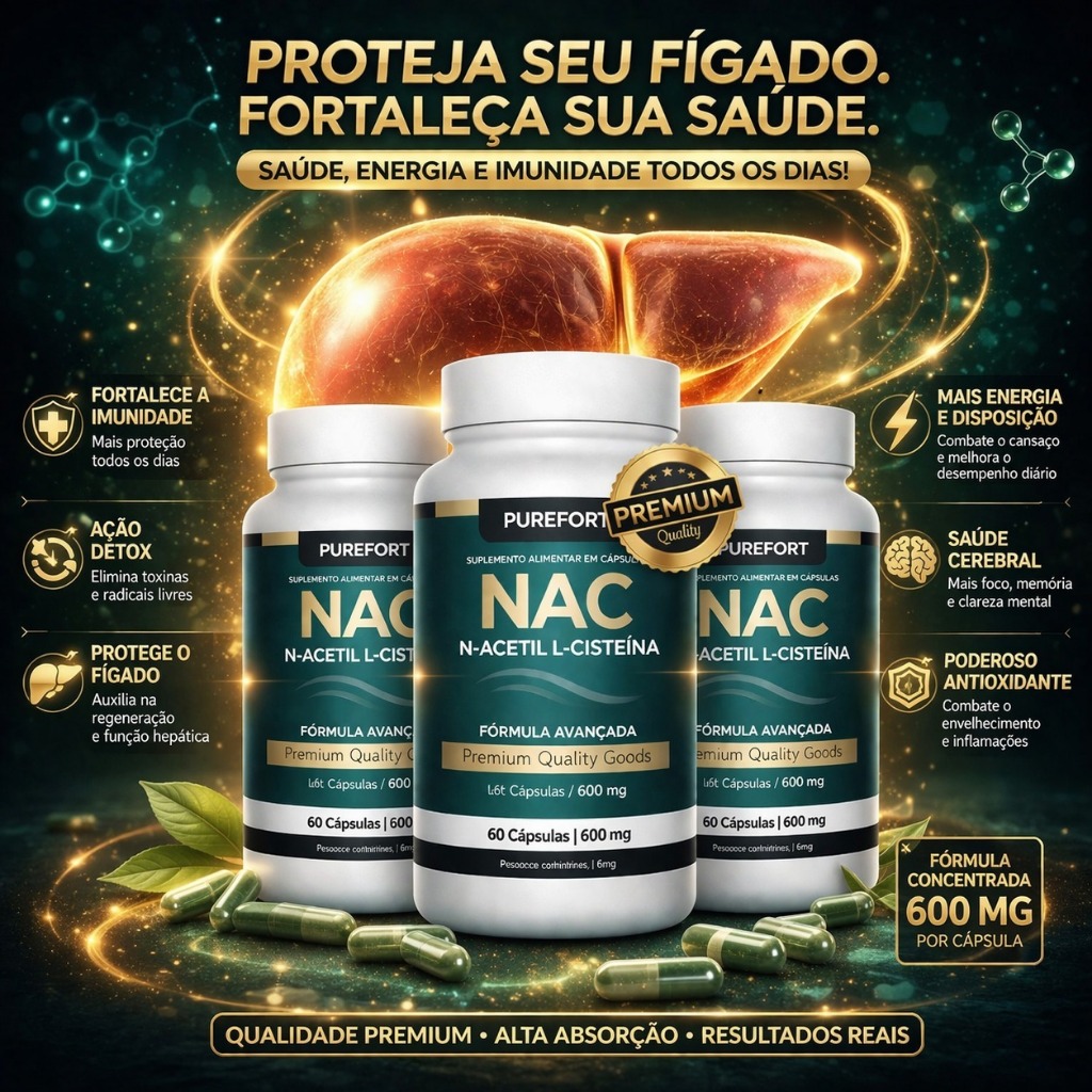 Kit 3 NAC 600mg – N-Acetilcisteína | Precursor da Glutationa | Imunidade & Fígado Saudável 180 Caps