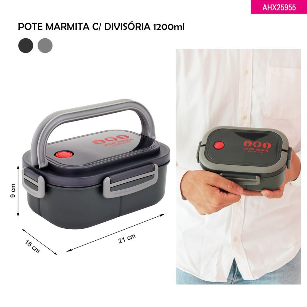 Marmita 1200ml 2 Andares C/ Divisória, Talheres e Trava Hermética | Jacki Design