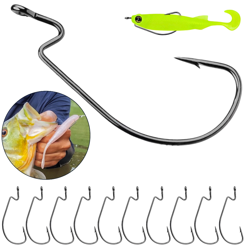Kit 10un Anzol Offset EWG Reforçado Black Anti Enrosco Isca Artificial Pesca Trairá Tucunaré Robalo