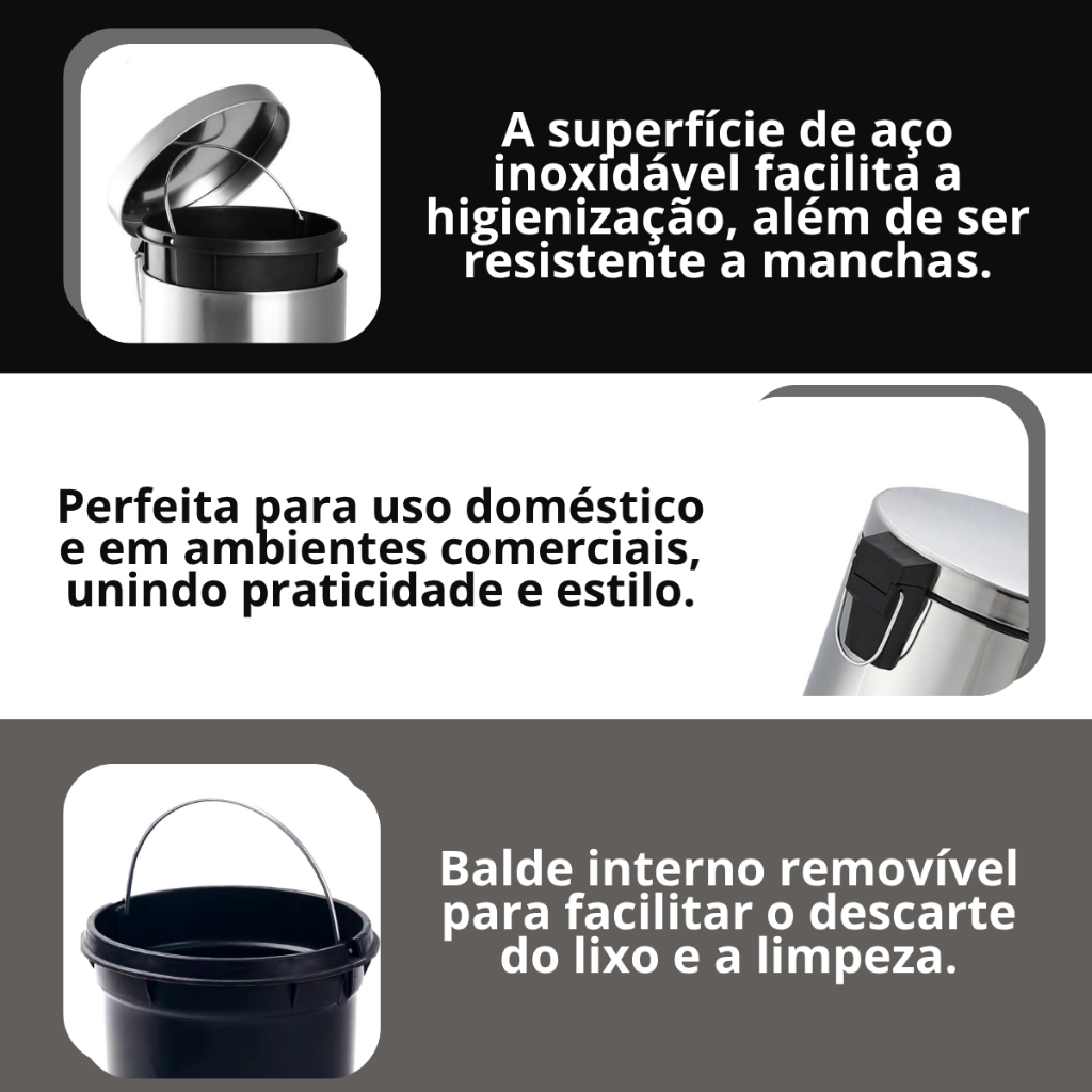 Detalhes do Lixeira De Aço Inox 3 ou 5  Litros C/ Pedal + Cesto Plástico Banheiro Lavabo
