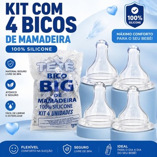 Kit Bico de Mamadeira Big Redondo de Silicone 4 Unidades Tetê Bpa Free