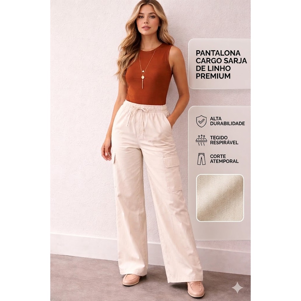 Calça Pantalona Cargo Feminina I Sarja de Linho Premium I Elastico e Cintura Alta I Elegante