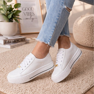 Tênis Feminino Casual Confortável Leve Básico Branco Fio Preto Calcelove