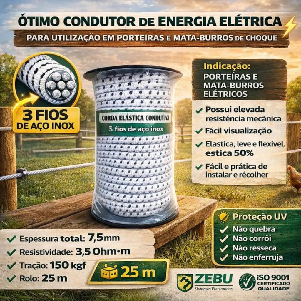 Corda Elástica Eletroplástica Rural M. Burro. Cerca Elétrica Zebu. Rolo 25mts. Resistente A Radiação