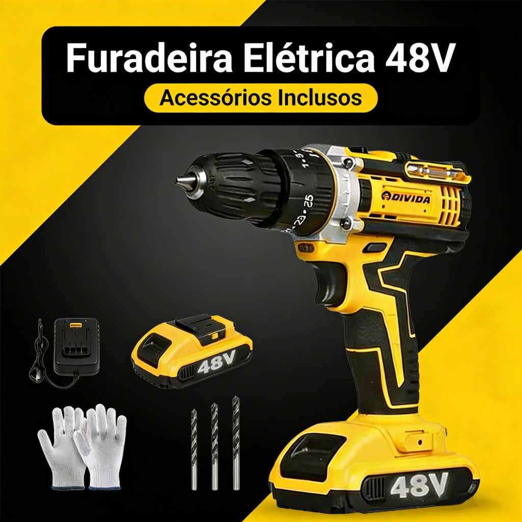 Furadeira Elétrica 12V/48V Sem Fio com 1 Bateria Kit Profissional Acessórios Inclusos em Oferta na Shopee