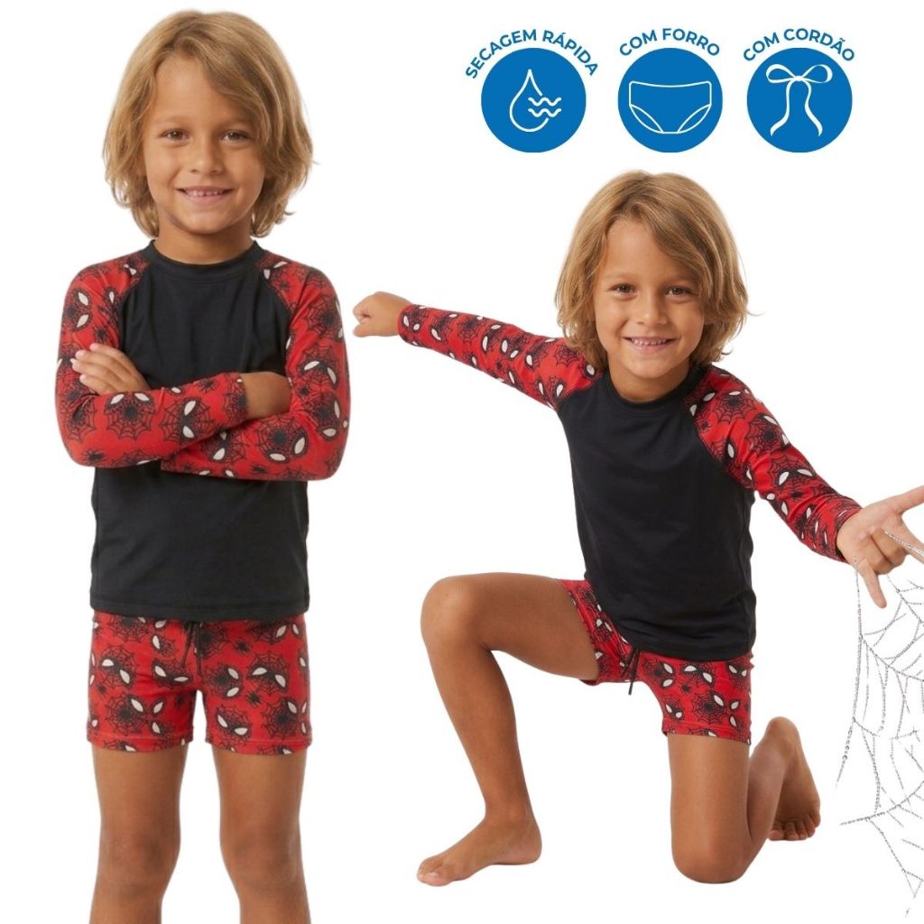 Conjunto Camiseta Manga Longa e Sunga Infantil Menino 4 a 12 Anos Praia Piscina Natação