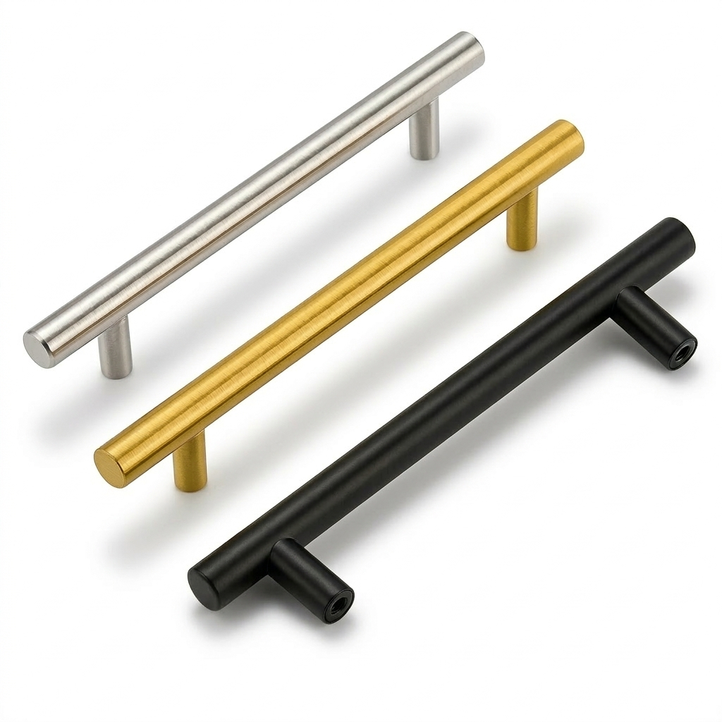 Kit 6 de Puxadores Alavanca Haste Redonda em Aço Inox Dourado Preto para Gavetas e Portas de Móveis