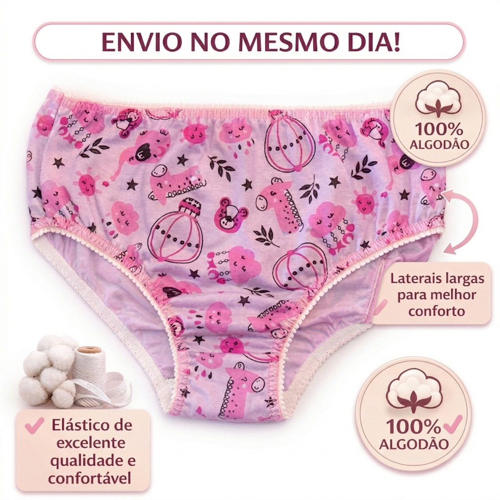 Kit 10 calcinhas infantil algodão confortável estampada