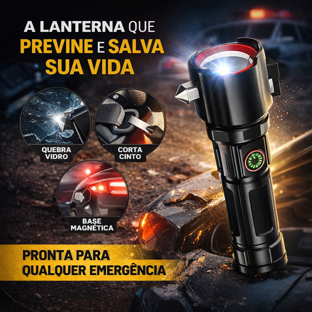 Lanterna LED Recarregável com Martelo Quebra Vidro e Cortador de Cinto Emergência Automotiva 2 em 1