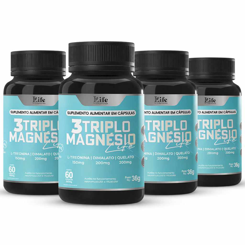 Leve 4 Pague 2 Frascos de Triplo 3 Magnésio - 60 Capsulas por Pote - Quelato Dimalato L-Treonato.