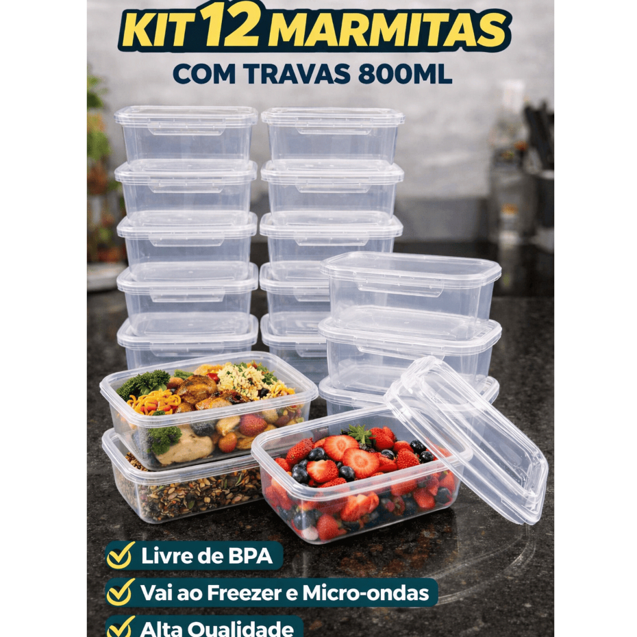 Kit 12 Marmitas Fitness Potes Com Travas 800ml Plástico | Organizador Geladeira Freezer BPA Free