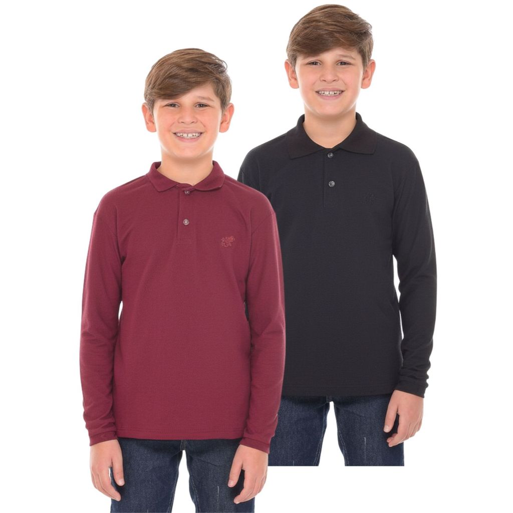 Kit 2 Manga Longa Infantil Menino Piquet Gola Polo Bordada