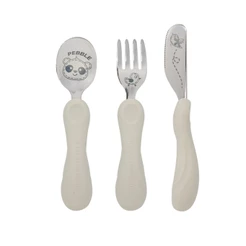JOGO ANATÔMICO COLHER GARFO E FACA COM INOX PANDA PEBBLE 3PCS (EM SILICONE E INOX)
