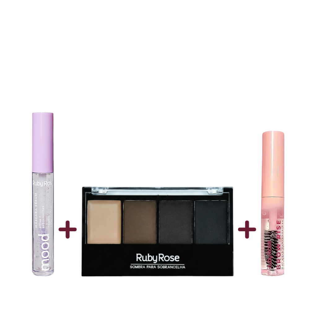 Paleta de Sobrancelha + Gel Fixador Brow Rise + Máscara Sérum Feels Mood Ruby Rose® | Kit Maquiagem