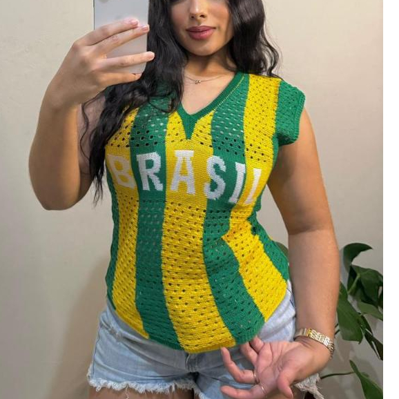 Camisa Feminina do Brasil Crochê Tricot Seleção Brasileira Tecido Vazado Decote V Copa do mundo