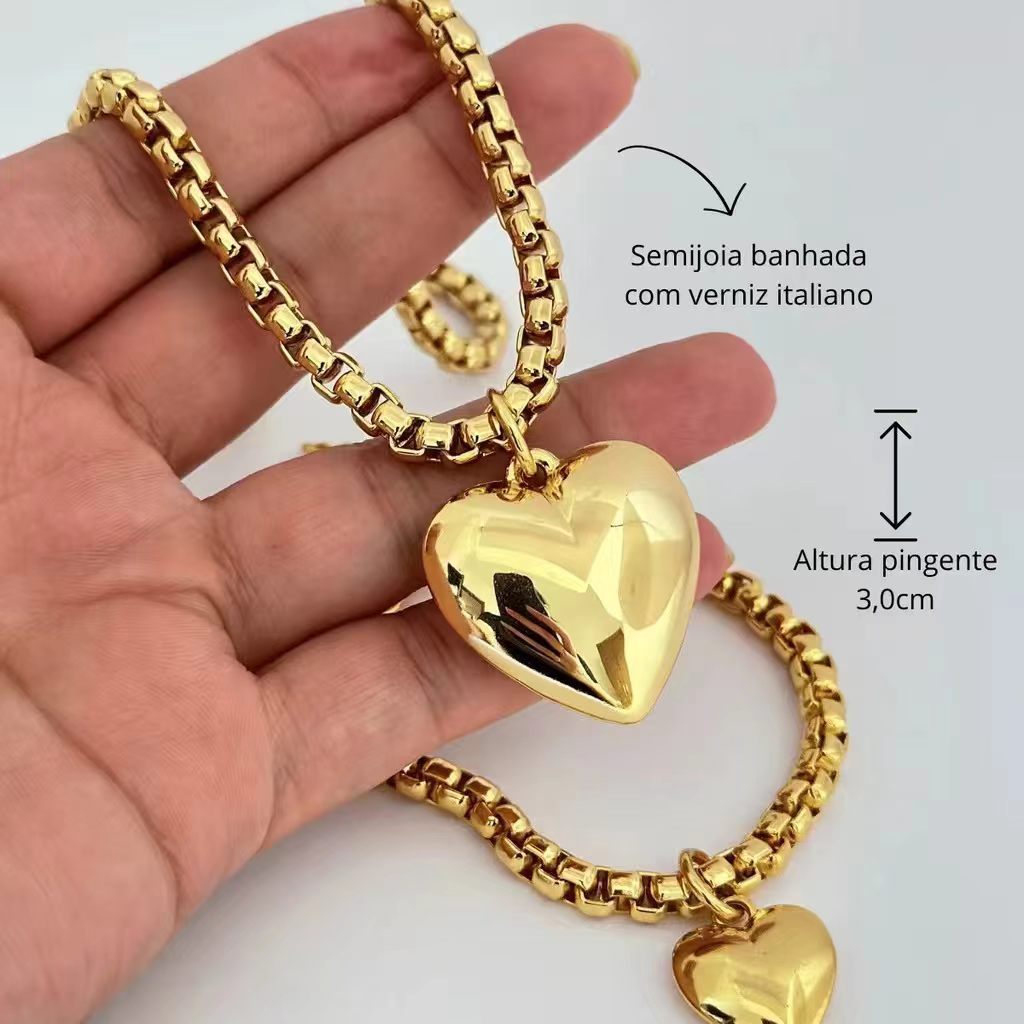 Colar e Pulseira Coração Dourado Corrente Box - Jóia Minimalista para Dia a Dia e Festa