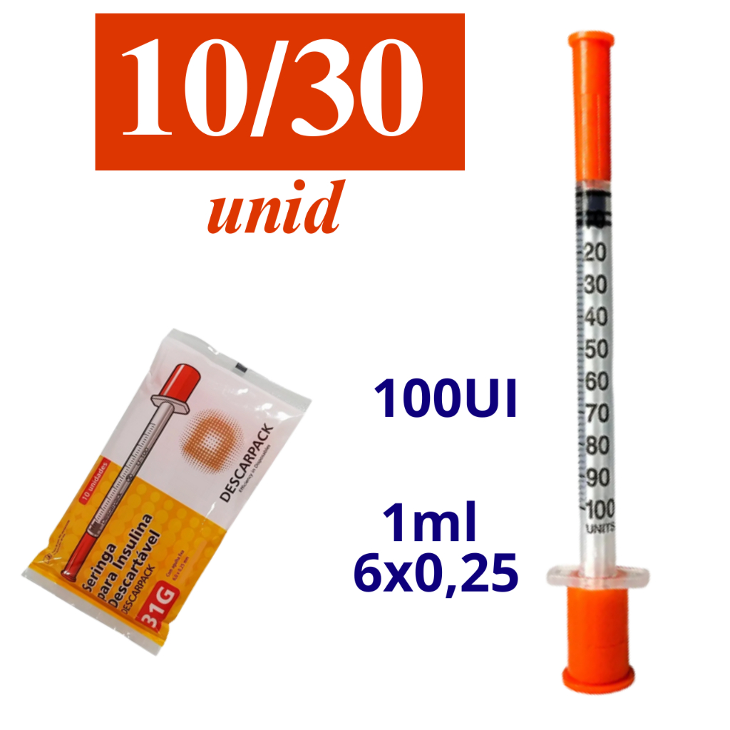 Seringa Insulina 1ml Com Agulha 6x0,25mm (100UI) Com 10/30 Unid -31G Descarpack