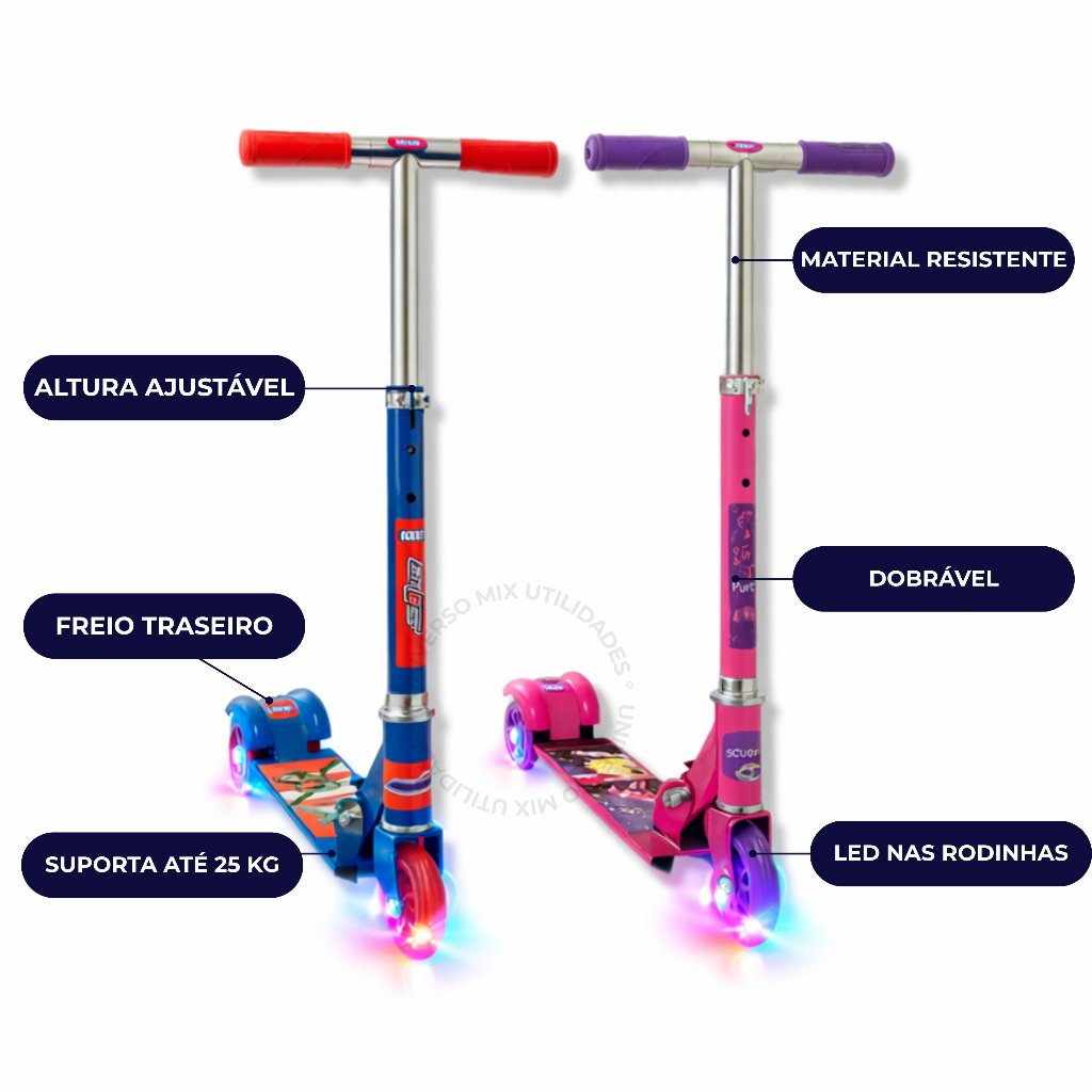 Patinete Infantil 3 Rodinhas com Luz Led e Freio Ajustável Menino Menina Até 25kg · foto 2