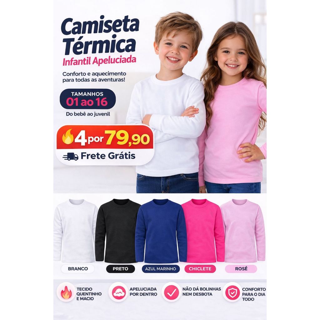 Kit com 4 Camisetas Térmicas Infantil Segunda Pele Proteção Contra Frio Criança