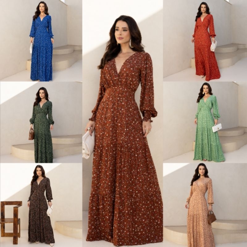Vestido Longo Manga Longa Floral Com Decote V Tecido Viscolinho Forrado