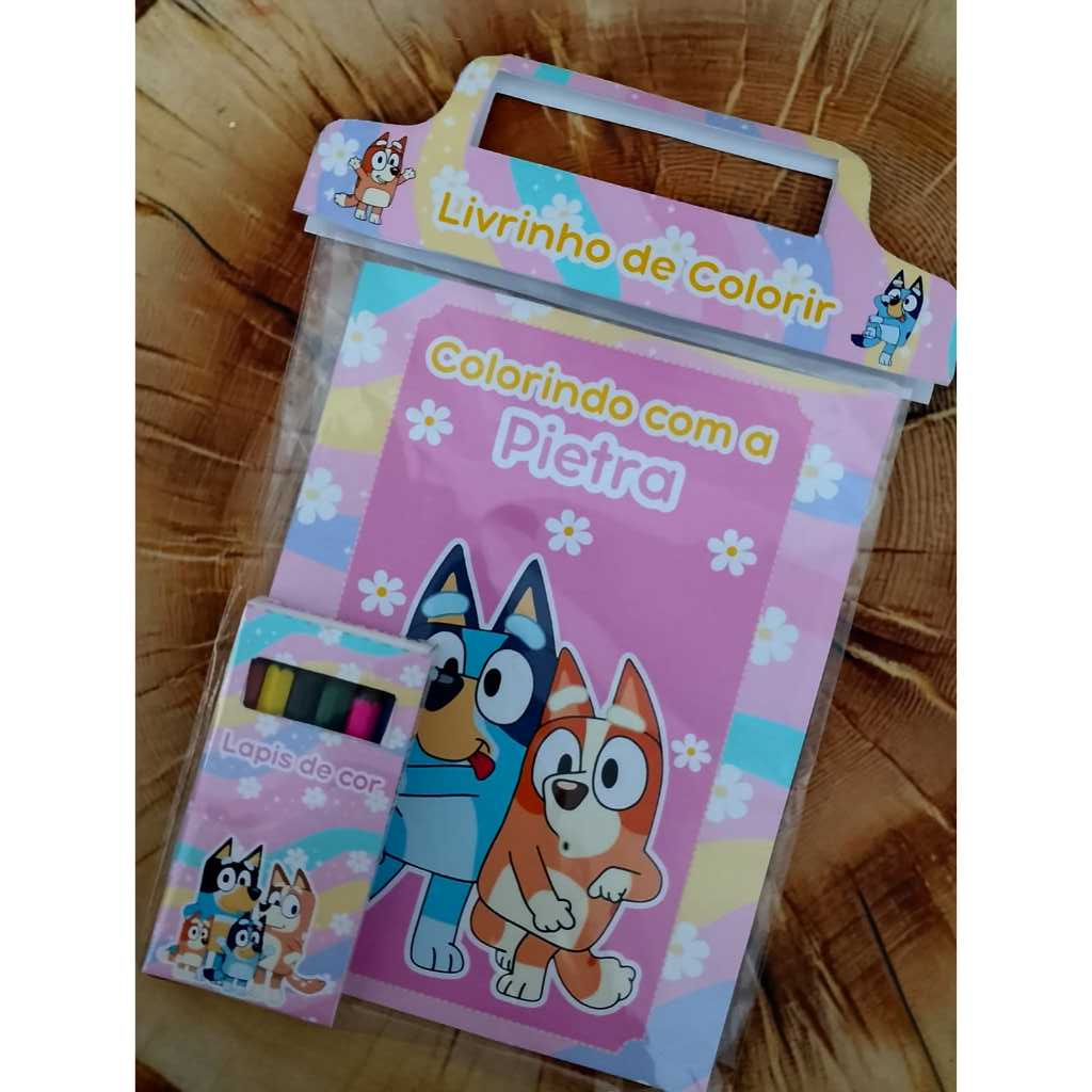 Kit Livrinho/ Revista de Colorir Personalizado Infantil + Lápis ou Giz | Bluey - Todos os temas | Lembrancinha Festa