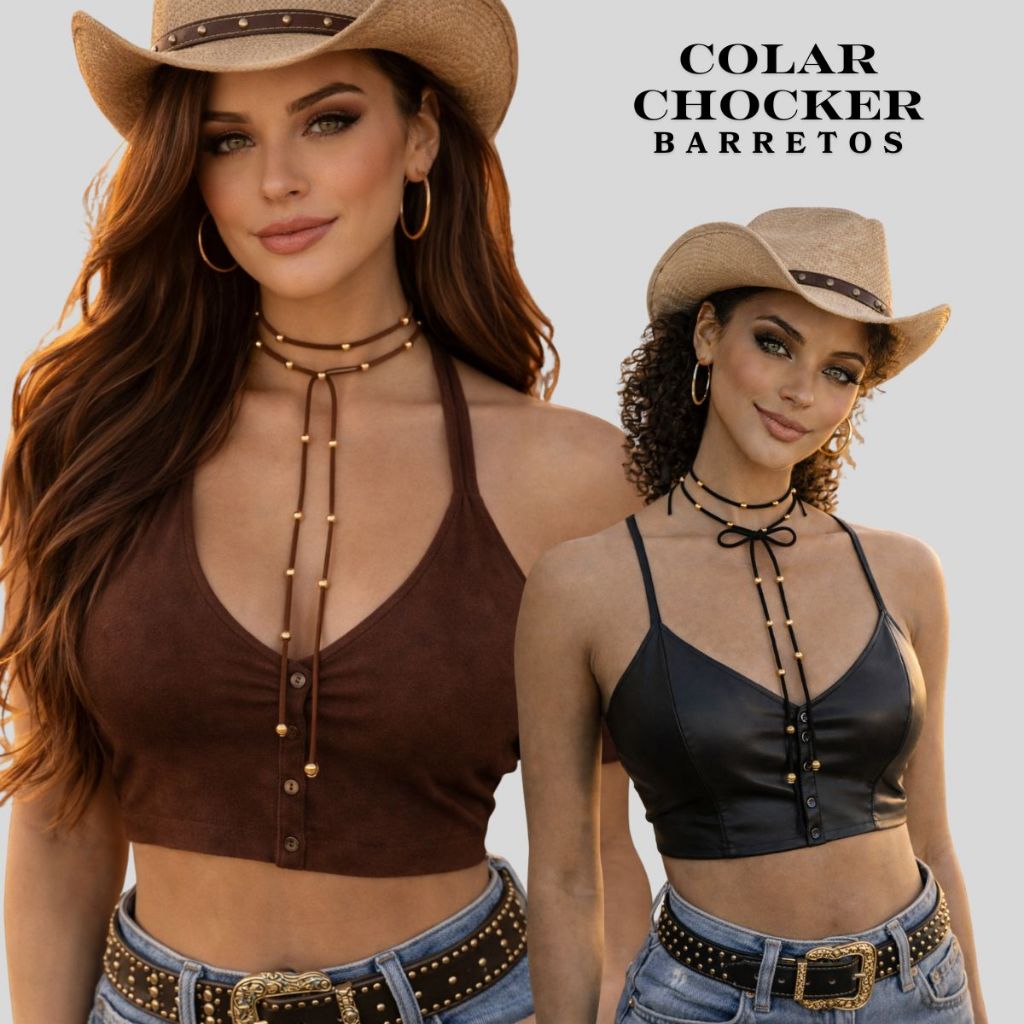 Choker Country Feminina Cordão com Bolinhas Douradas | Colar Boho Western Moda 2026