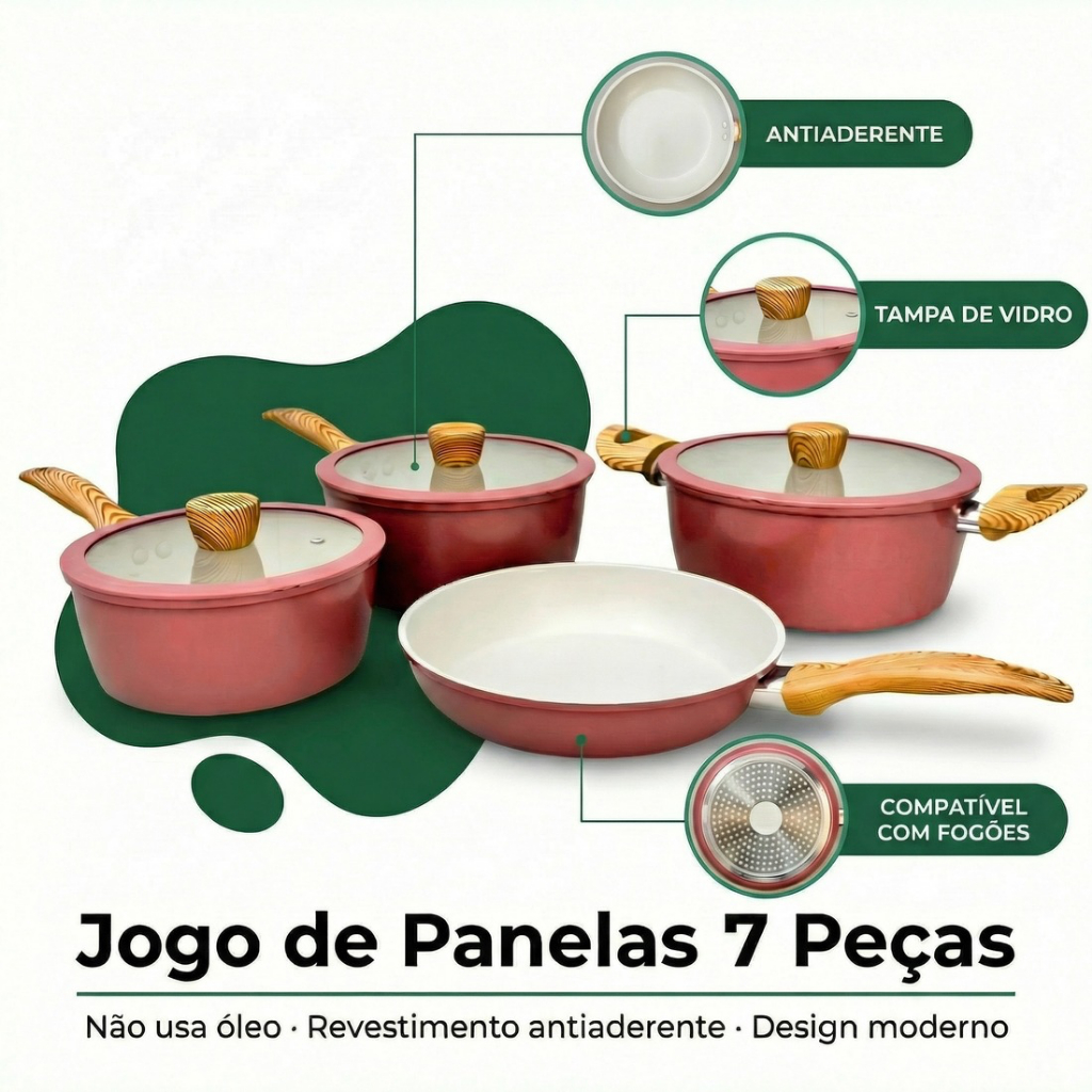 Imagem Jogo de Panelas 7 Peças Cerâmica Antiaderente Premium Conjunto Fogão Cooktop Indução Gás Elétrico