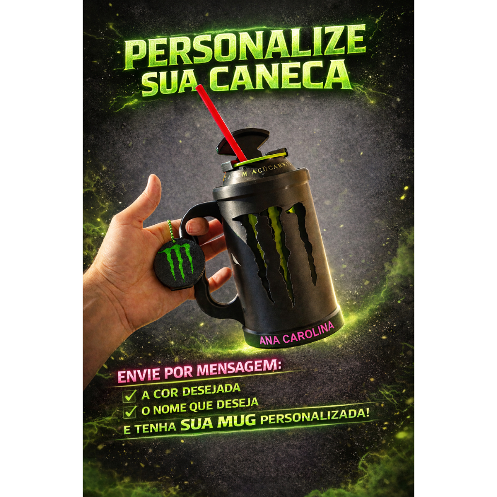 kit caneca porta energetico com personalização de nome ou frase +tampa de proteção e abridor de latinha