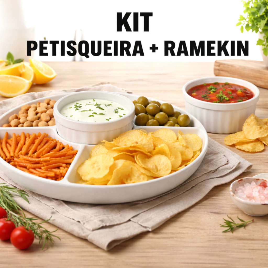 Kit Petisqueira Redonda com 5 Divisórias + Ramekin para Molhos Petiscos Patê Buffet Festa Fondue Plástico Resistente