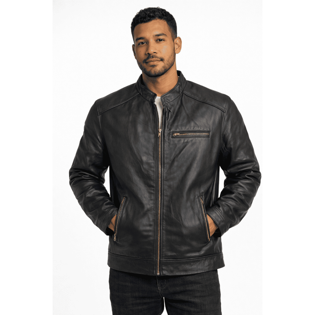 Jaqueta Masculina Couro Legítimo Premium Casual Motoqueiro Slim Preta - Gola Padre