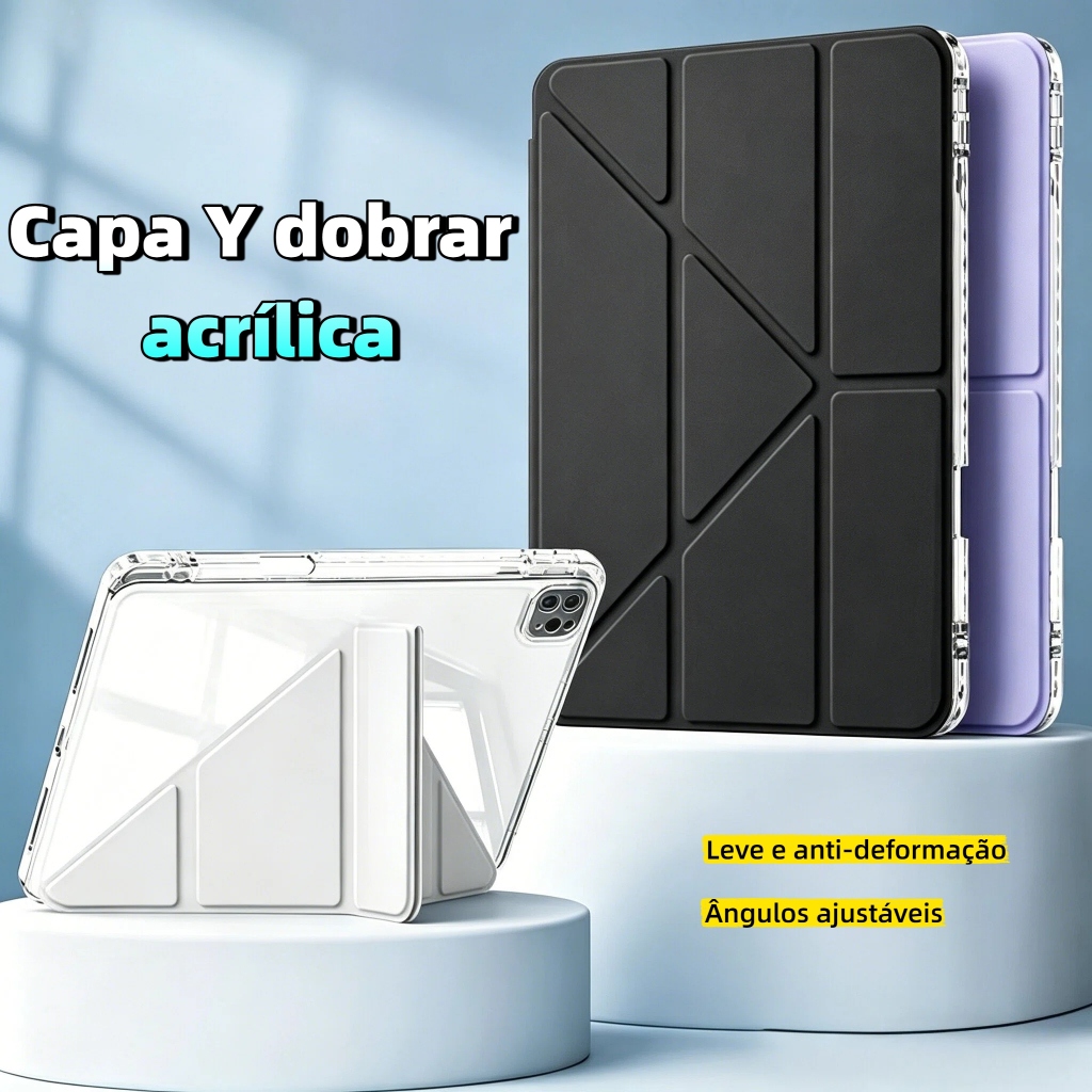 Capa Y dobrar acrílica compativel Tab IPAD 10 geração A16 7 8 9 AIR 3 4 5 10.2 10.5 10.9 POL PRO 11 com slot para caneta