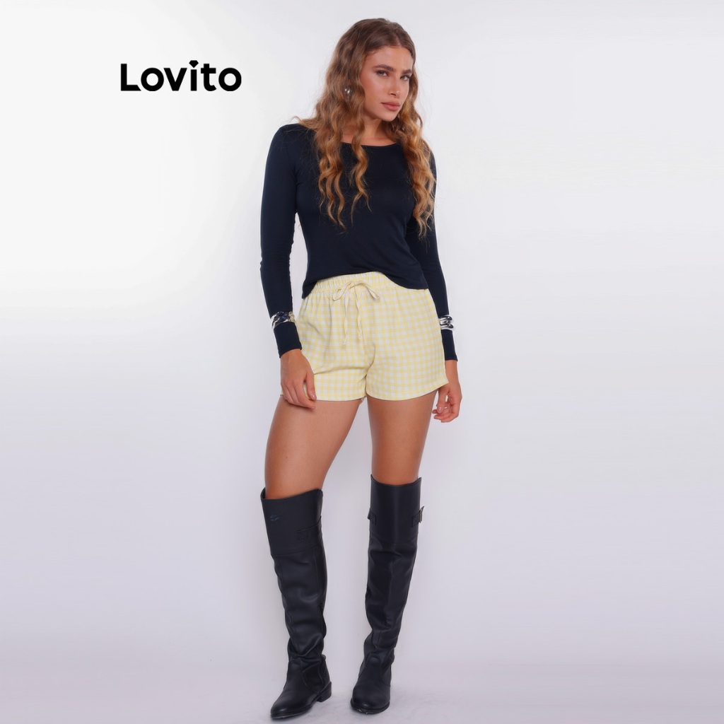 Lovito Shorts Casual Vichy Curto Amarelo Moda Feminina BRSTB15071537