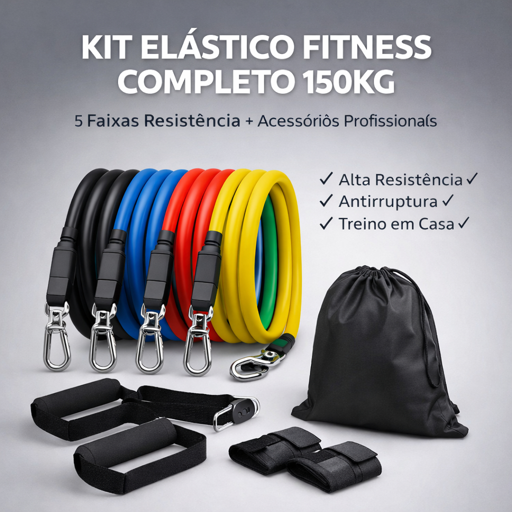 Imagem Kit Extensores Elásticos Completo Até 150kg com 5 Faixas de Resistência para Treino em Casa