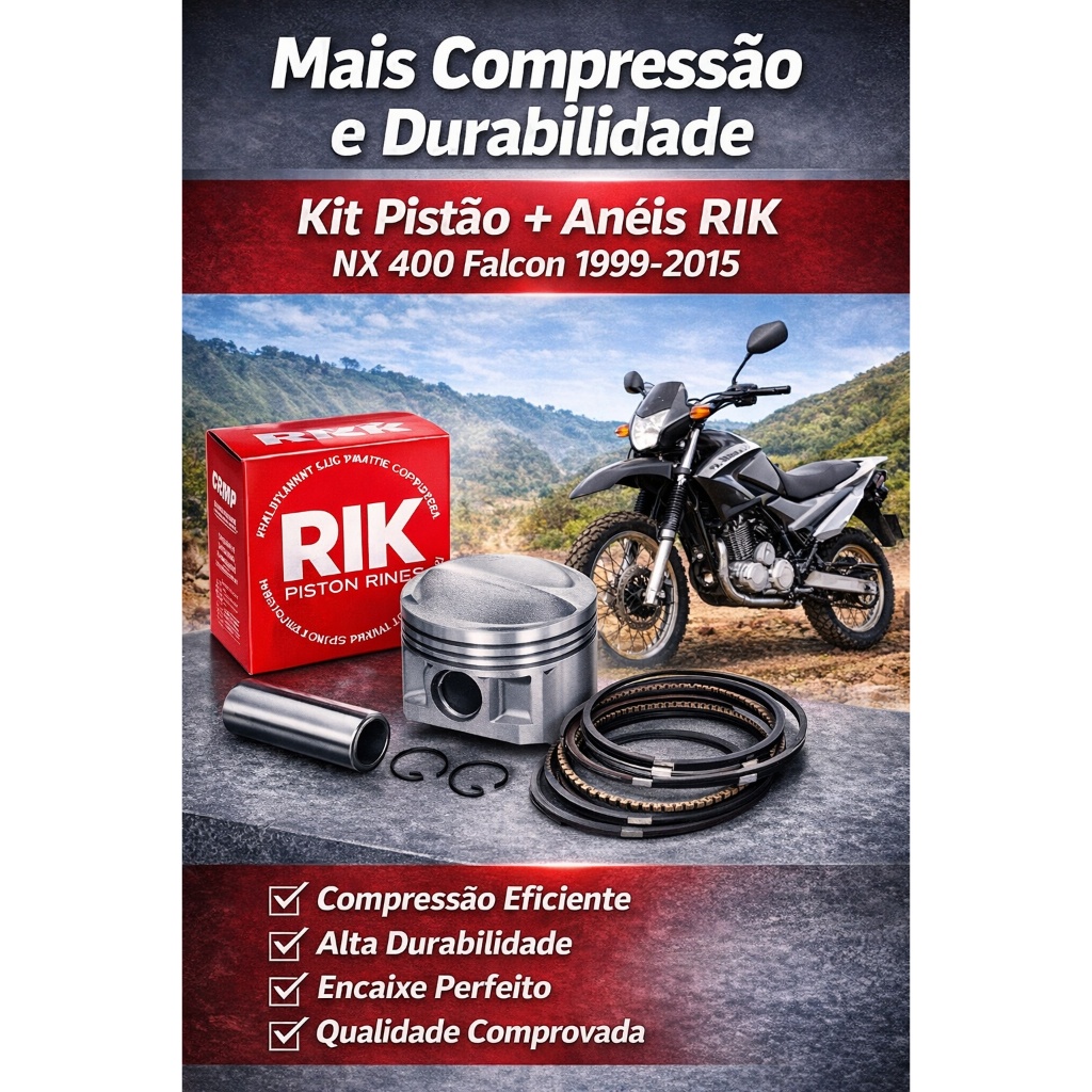 PISTÃO KIT C/ANEL RIK PREMIUM NX 400 FALCON 400 99 A 08 - NX 400I FALCON 2012 A 2015 STD