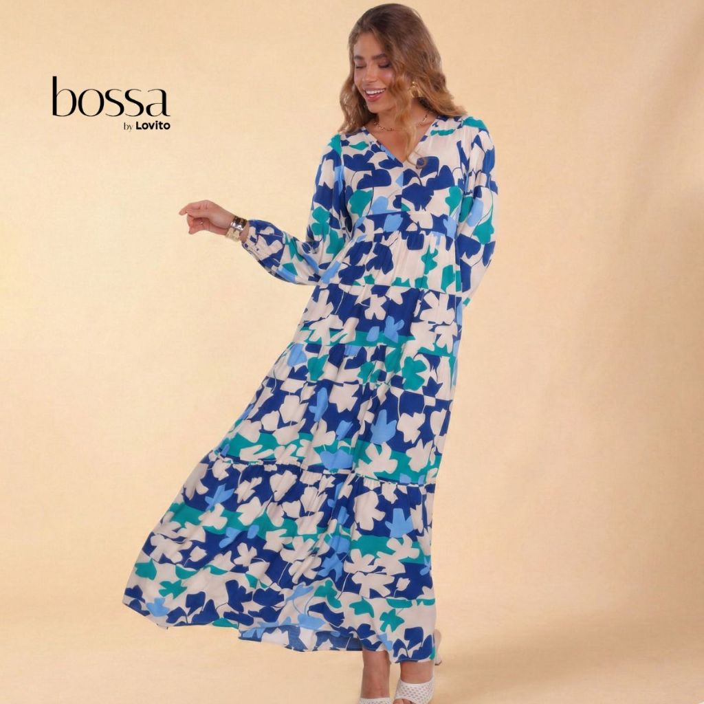 Lovito Bossa Vestido Longo Feminino em Viscose Manga Longa Estampado DRB16621692