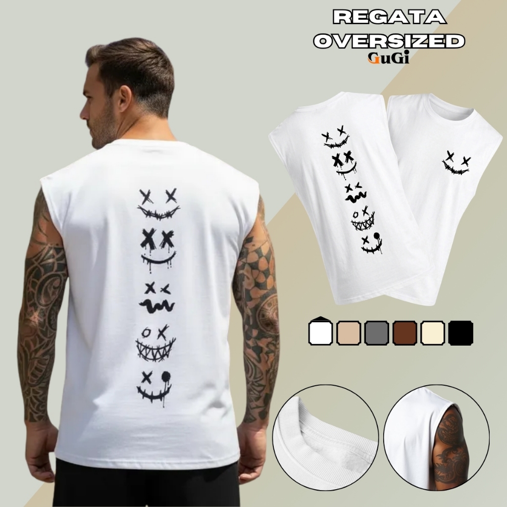 Regata Machão Masculina GuGi Estampa Smile X Carinhas Frente e Costa Algodão Premium Camiseta Cavada