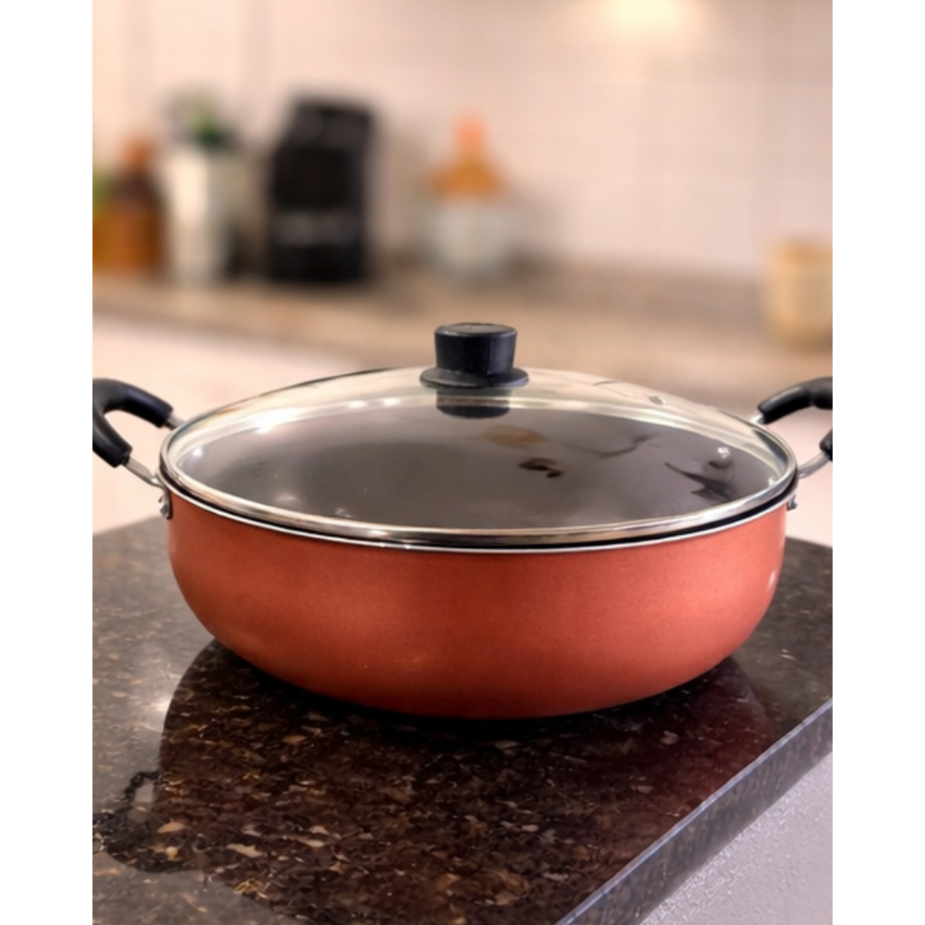 PANELA WOK TAMPA DE VIDRO 28cm COBRE PRETA