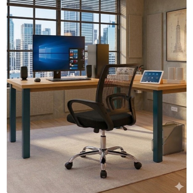 Kit Escritório Completo Mesa em L com Cadeira Mesh