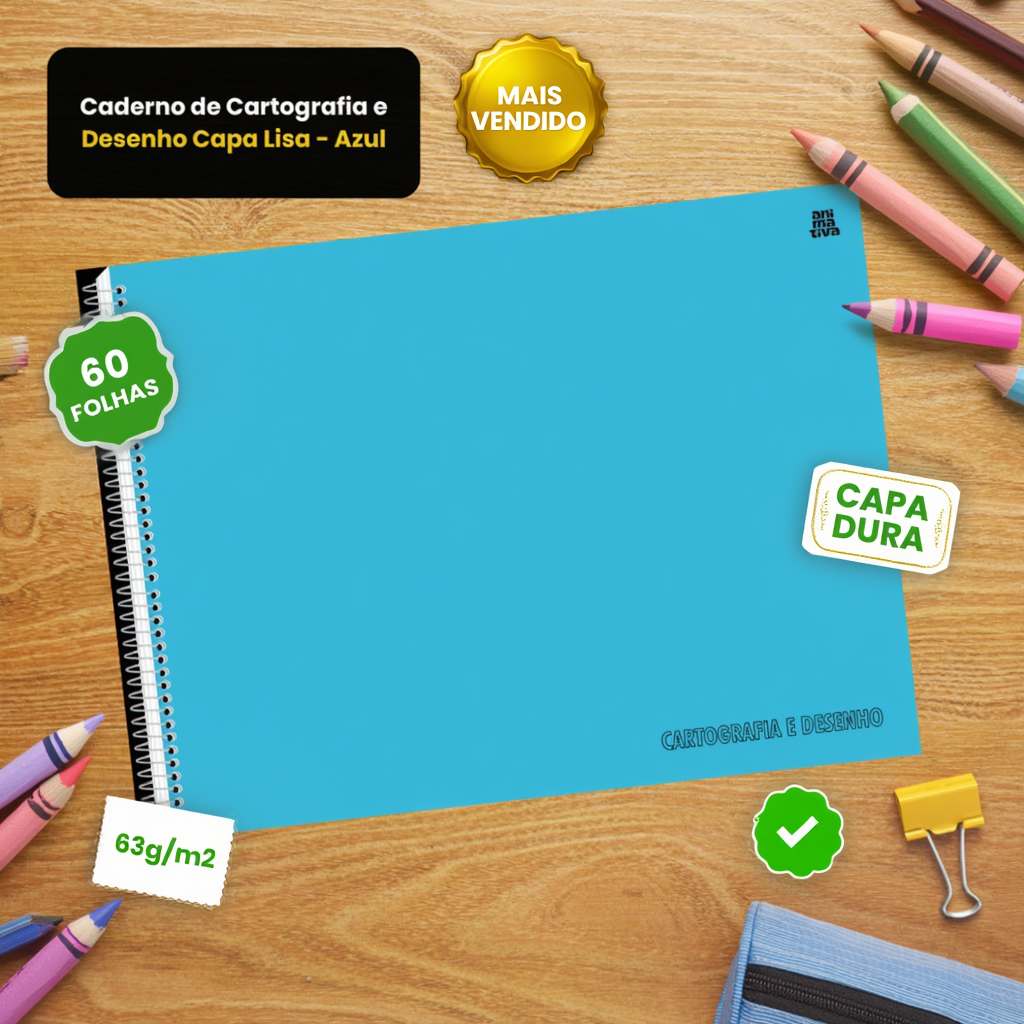 🎨Caderno Desenho Cartografia Azul 60 folhas Escolar Capa Dura Lisa Envio Rápido 🚀