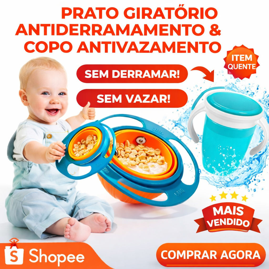 Kit Alimentação Bebê Anti Derrame Prato Mágico 360° mais Copo Antivazamento Introdução Alimentar