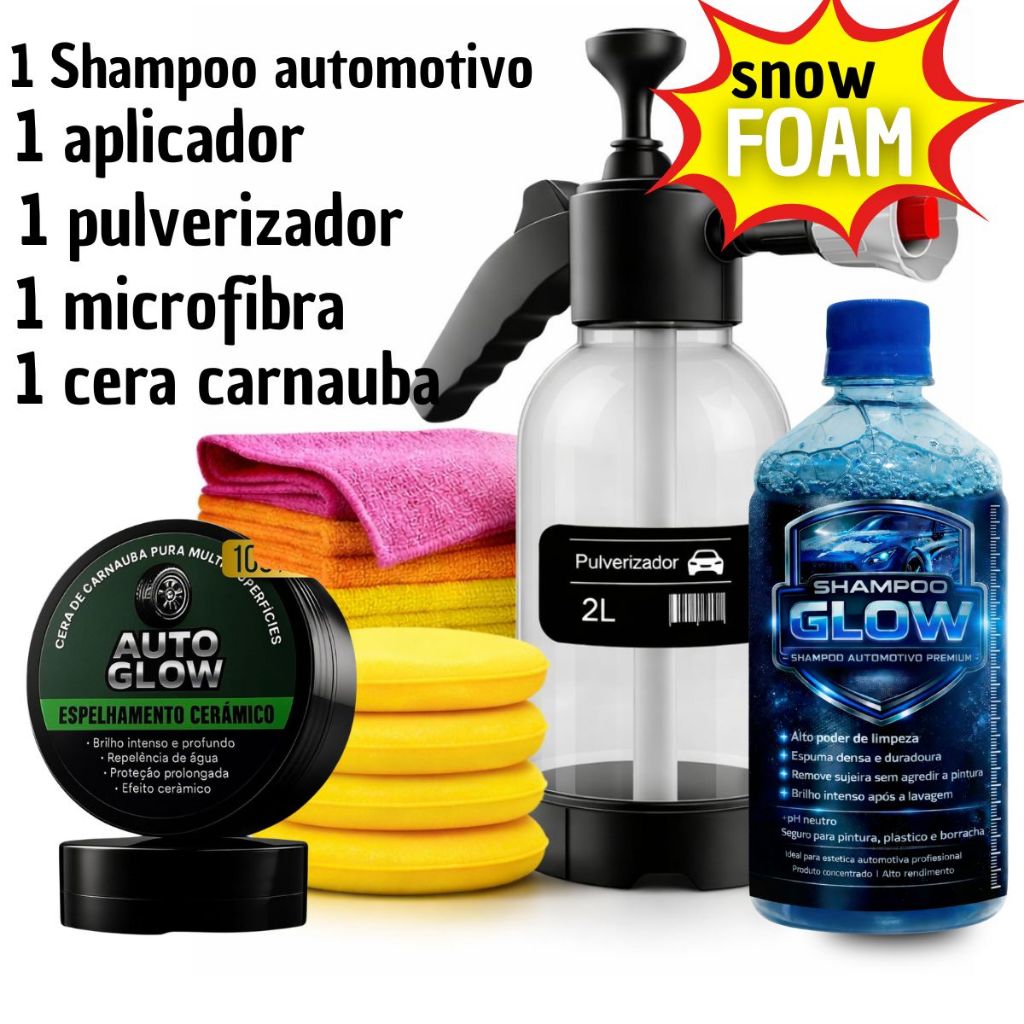 Kit pulverizador automotivo SnowFoam Lavagem completa com Shampoo Neutro microfibra cera de carnauba
