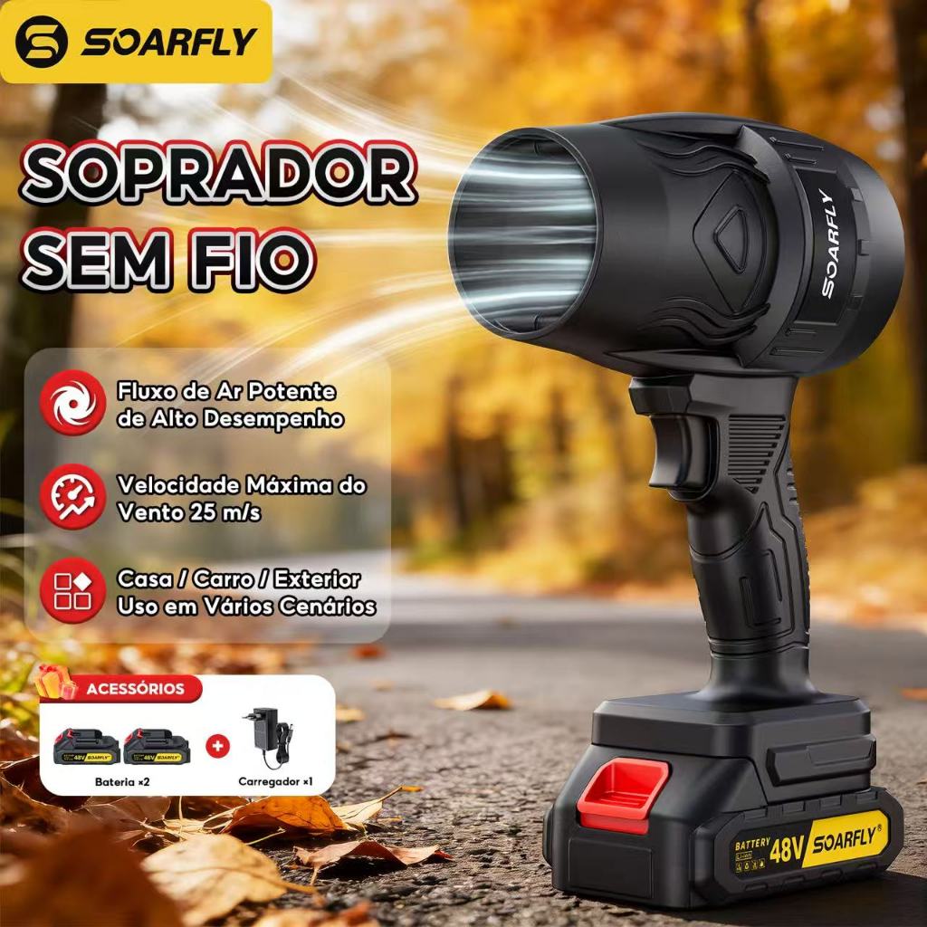 Soprador De Folhas Turbo Portátil Recarregável 48v Com Bateria Potente Limpeza Interna e Externa