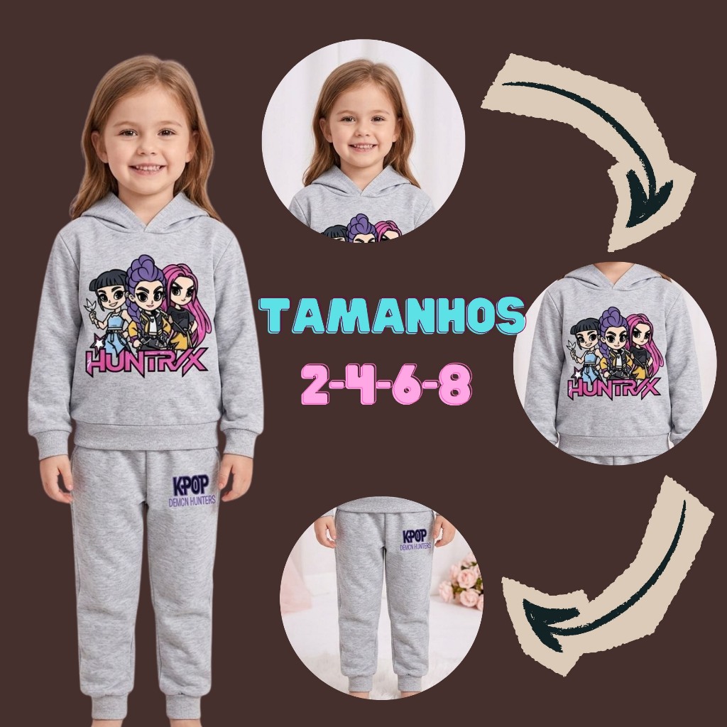 Conjunto Moletom Infantil Menina Huntrix Inverno Algodão Premium Quentinho Tam 2 ao 8 Anos