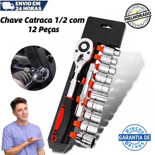 Jogo De Soquete Sextavado 1/2 Catraca 12 Peças 8 a 24mm com Extensão