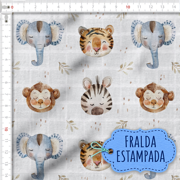 Tecido Fralda Estampada Animais na Savana 100% Algodão 60x70cm Costura Criativa Pano Infantil Ateliê