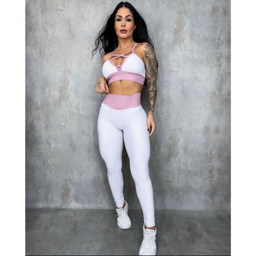 Conjunto Feminino Fitness Academia TOP LEGGING DECOTE CRUZADO CÓS ALTO ESTAMPAS Empina Bumbum Roupa de Malhar