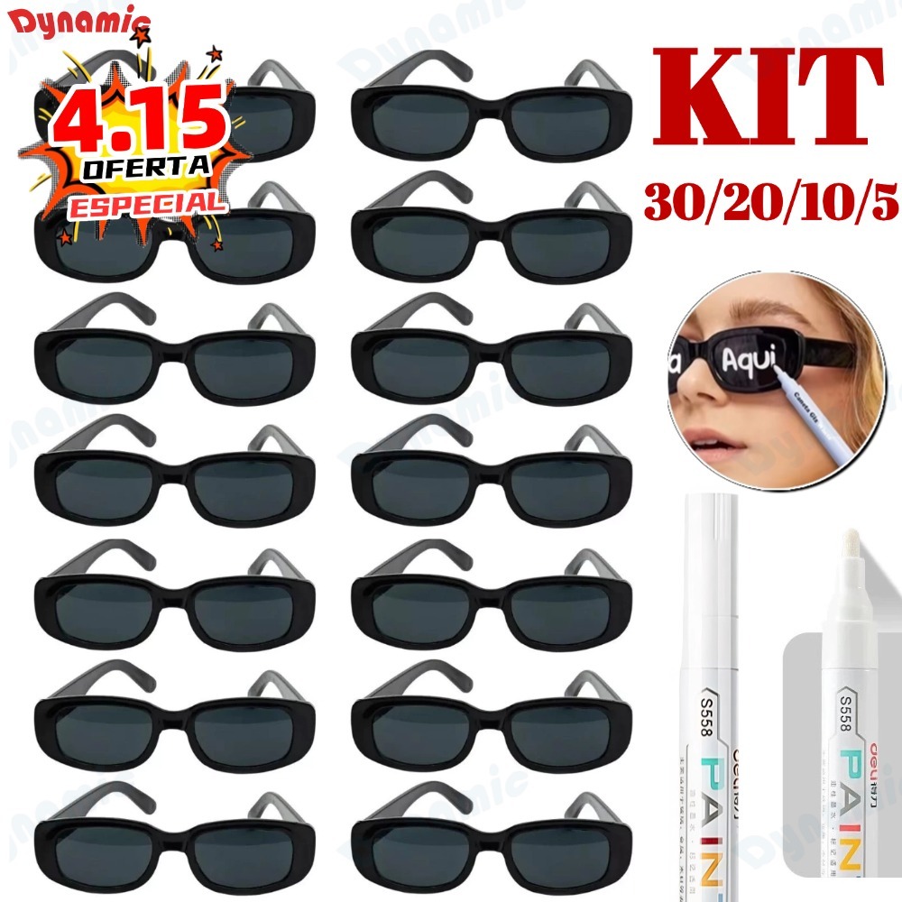 Kit 30/20/10/5 Oculos Vintage Retro Preto Liso + Caneta Giz Festa Casamento Evento Balada Despedidas Cor Preto