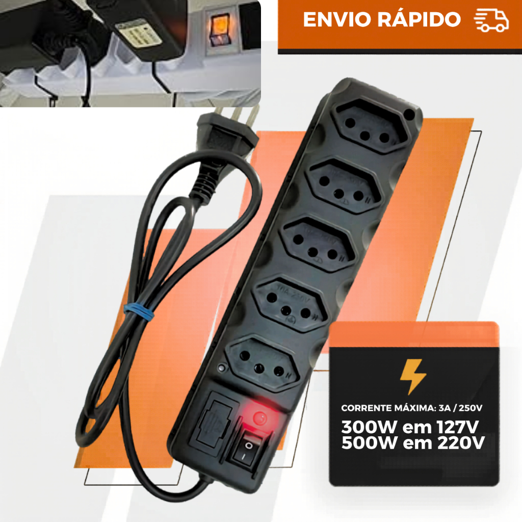 Filtro de Linha 3 4 5 6 Tomadas - Régua Elétrica 10A Tripolar com Interruptor