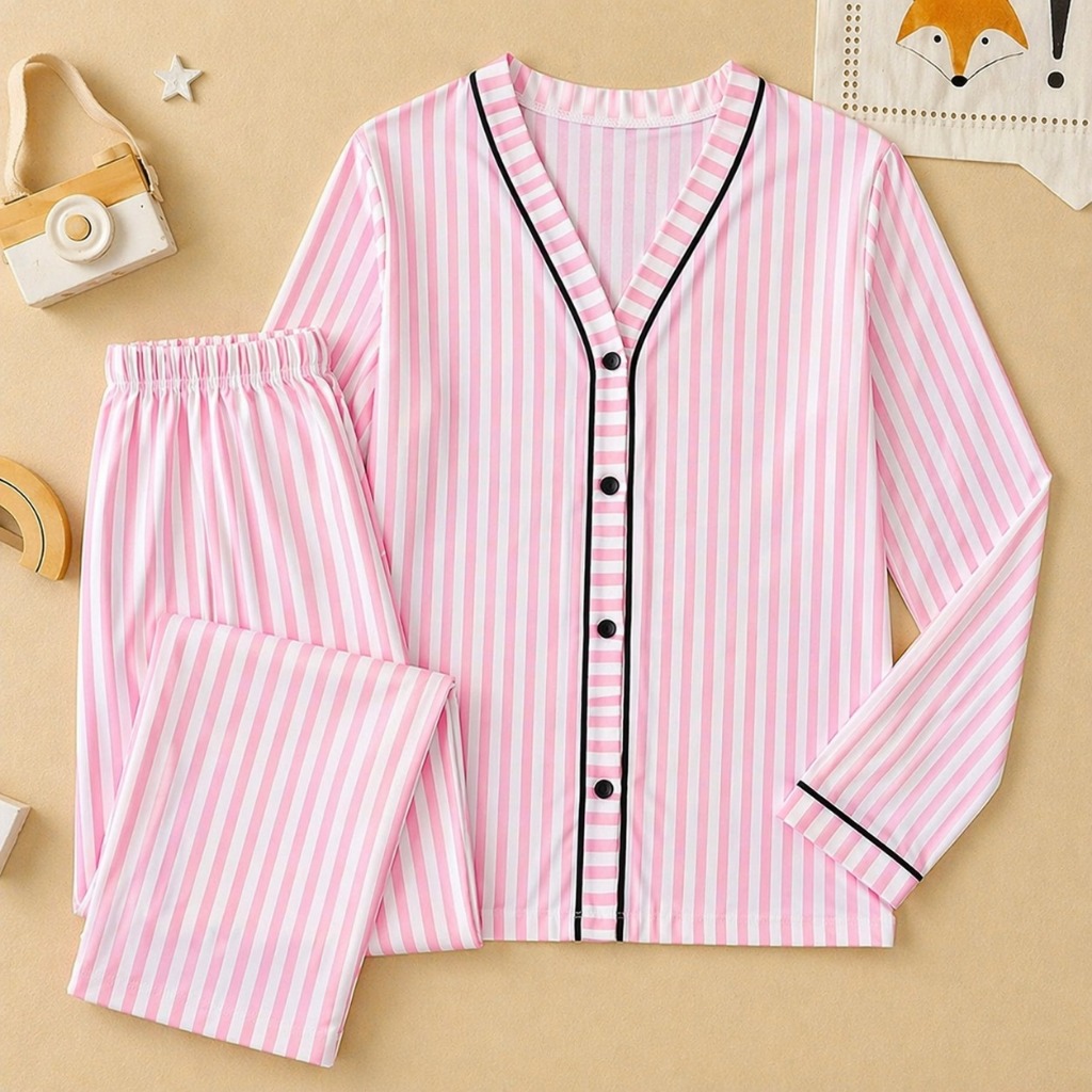 Pijama Americano Rosa VS Gola V Malha Premium de Inverno Manga longa com botão funcional amamentação