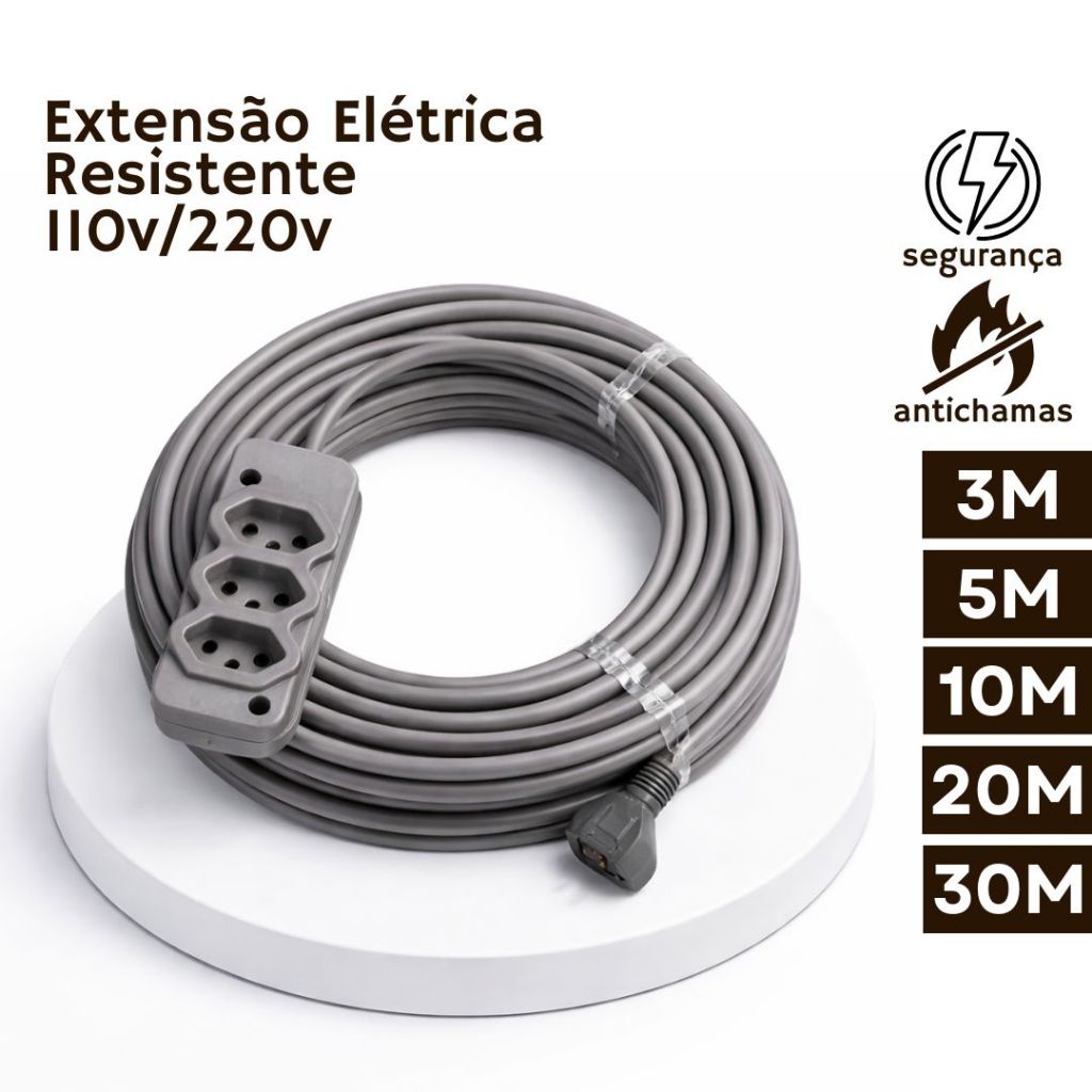 Extensão Elétrica Reforçada Cabo Grosso 5m 10m 20m 30m Uso Doméstico e Profissional